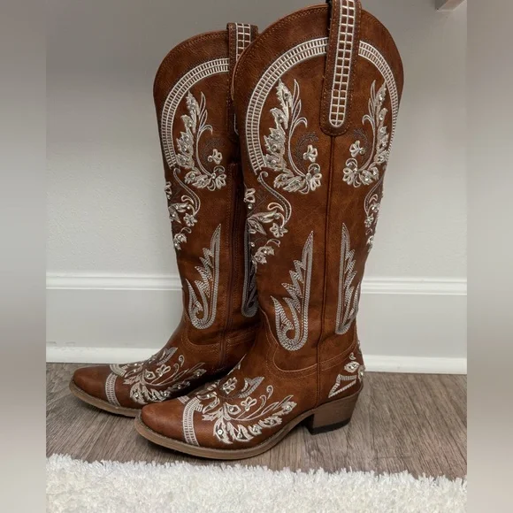 Brown Embroidered Cowboy Boots - Picture 2 of 5